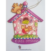 Ajtótábla házikós kismadárral  lila